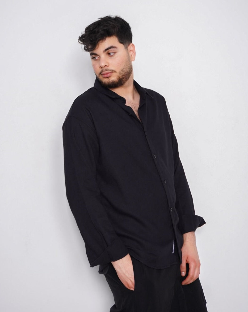 Oversize Loose Long Sleeve Shirt - BLACK