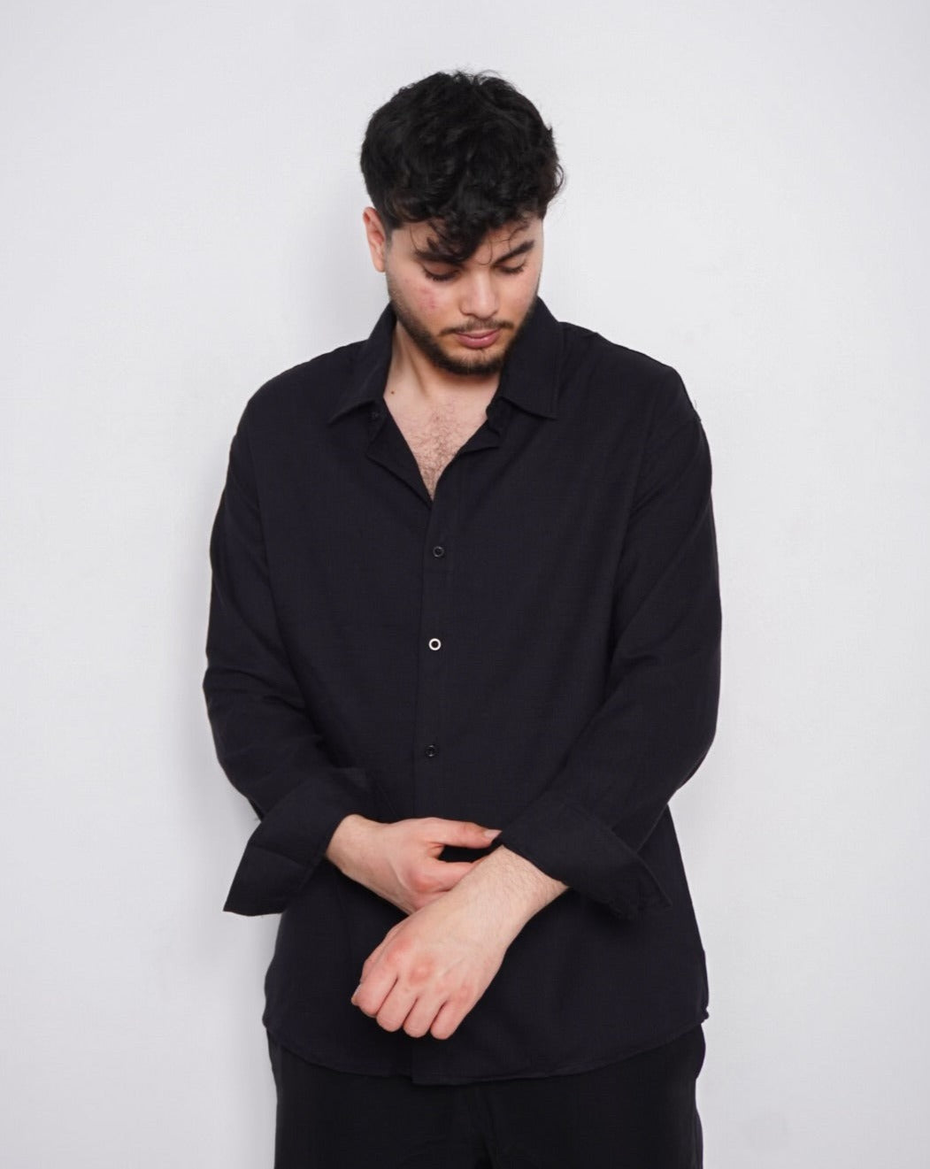 Oversize Loose Long Sleeve Shirt - BLACK