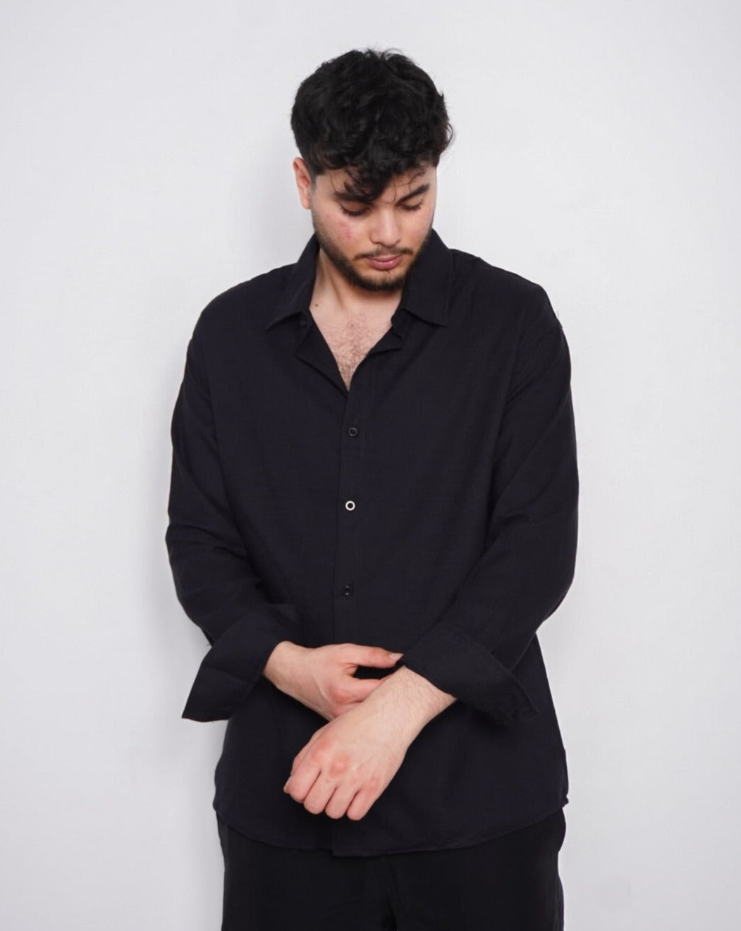 Oversize Loose Long Sleeve Shirt - BLACK